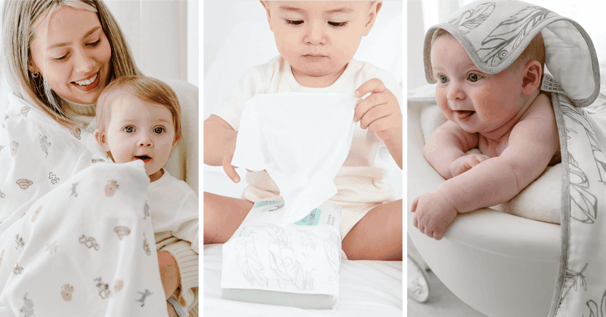 Three images of babies wrapped in or playing with blankets