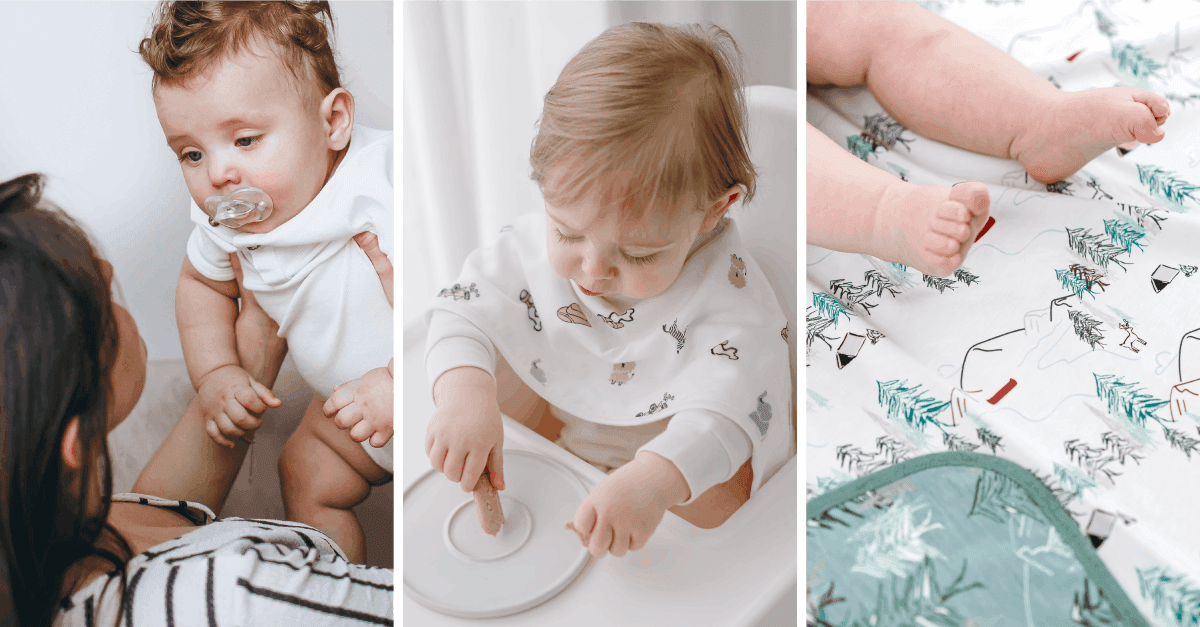 Three side by side images. First one is of a baby being held up by a woman. Second image is a baby in a high chair with a big. Last image is of baby feet on a blanket.