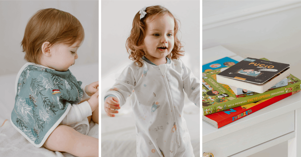 Three side by side images. First one is of a toddler wrapped in a bib while sitting. Second image is of a toddler in pajamas and standing. The third image is of three books stacked on a table.